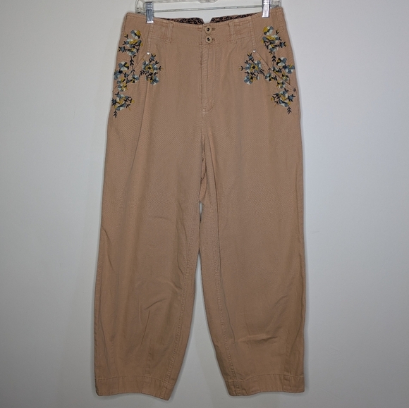 Anthropologie The Botanist Tan Floral Embroidered Wide Leg Pant 10 - Picture 1 of 12
